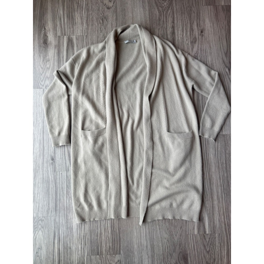 Vince 100% Cashmere Longline Open Front Cardigan Taupe Beige Shawl Collar Medium